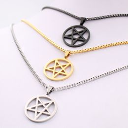 pentagram satanic symbol Satan worship Wicca Pentacle stainless steel pendant necklace Silver gold black 2 4mm 24 inch box chain f253D