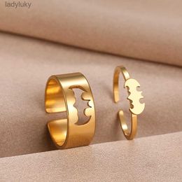 Solitaire Ring Stainless Steel Rings Gothic Hip Hop Punk Bat Fashion Adjustable Couple Ring For Women Jewelry Wedding Engagement Gift 2Pcs/set 240226