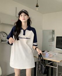 Trendy brand authentic polo shirt champion short sleeved T-shirt womens summer casual college style striped loose mid length top