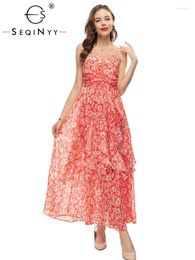 Casual Dresses SEQINYY Dress Summer Spring Fashion Design Women Runway High Street Vintage Red Flower Print Ruffles Strapless