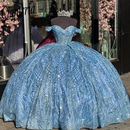 Light Blue Glitter Crystal Sequined Ball Gown Quinceanera Dress Off The Shoulder Illusion Bow Corset Sweet Vestidos De XV Anos