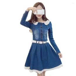 Casual Dresses Women Denim Dress Spring Mid Waist Long Sleeve A-Line Slim Fit Base With Belt