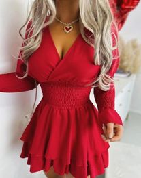 Casual Dresses Womens Summer Fashion Bell Sleeve Shirred Ruffles V-Neck Plain Long Daily Mini Layered Dress