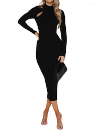 Casual Dresses Women S Solid Colour Ribbed Midi Dress Long Sleeve High Neck Cutout Front Bodycon For Autumn