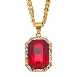 Trendy Bling Ruby Pendant Mens Necklace Stainless Steel Gold Plated Hip Hop Cuban Chain Necklaces Pendants Men Hiphop Jewellery NL4864487