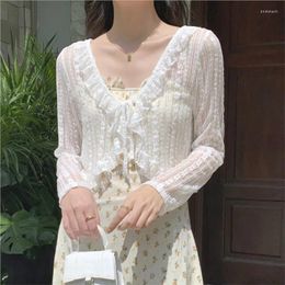 Women's Blouses Women Sexy See Through Cardigans Y2K Long Sleeve Lace Mesh Vintage Tie Up Floral Crop Tops Streetwear NS5793