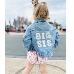 FOCUSNORM 05Y Toddler Kids Girls Sister Denim Jacket Outwear Long Sleeve Back Letter Embroidery Single Breasted Coats 240220