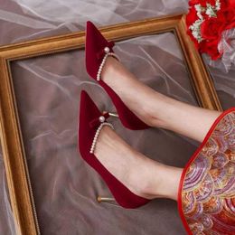 Lady Dress Shoess Red High-heeled Shoes Wedding Double Wear Spring and Autumn New Bride Thin Heel Female Pearl