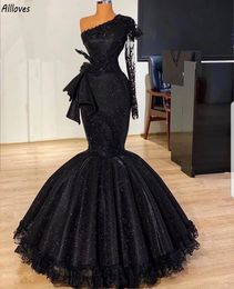 Vintage Black Muslim Trumpet Evening Dresses One Shoulder Long Sleeve Shiny Sequined Special Occasion Gowns Slim and Flare Lace Women Formal Reception Dress CL3325