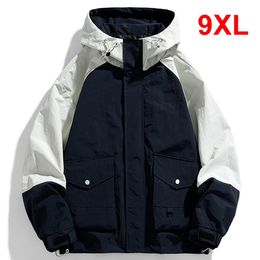 Plus Size 9XL Cargo Jacket Men Camping Jacket Spring Autumn Patchwork Windbreak Hooded Jackets Coats Fashion Outerwear Male 240220