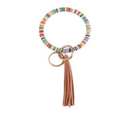 Keychains ZWPON Boho Heishi Polymer Clay Disc Beads Circle Keychain Velvet Tassel Wristlet Bracelets For Women Surf Jewelry Whole19363641