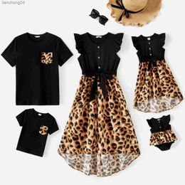 Family Matching Outfits Pa Family Matching Cotton Black Short-sleeve T-shirts and Leopard Print High Low Hem Flutter-sleeve Dresses Sets