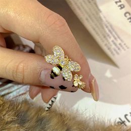Cluster Rings Japanese And Korean Creative Fun Bee Natural Zircon Personality Golden Open Ring Festival Party Gift Sterling Silver Jewelry