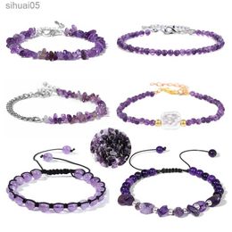 Beaded Healing Natural Amethysts Bracelet Stone Purple Crystal Beaded Bracelets Adjustable Elegant Energy Bangle for Women Jewellery Gift YQ240226