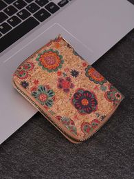 5pcs Card Holder Retro Cork Floral National Printing Vertical Model Short Wallet Mix Color