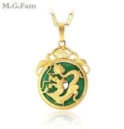 167P MGFam Chinese Ancient Mascot Dragon Pendant Necklace 24K Gold Plated Green Malaysian Jade with 45cm Chain8044459