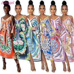 Dresses Adogirl Africa Totems Print Loose Spaghetti Straps Midi Dress Belt Women Sexy V Neck Cold Shoulder Long Sleeve Split Vesitdos