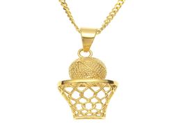 New Fashion Hip Hop Jewelry 316L Stainless Steel Yellow Gold Plated Crystal Basketball Pendant Necklace for Rappers Singers NL6115003408