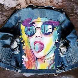 Jackets Women's Lapel Denim Jacket, INS Net Red, Personality Wearing Sunglasses, Playful Girl Printed, Spring and Autumn, New, 2023