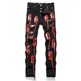 Herren Jeans Punk Style Rippte Buchstaben Mode gestickt mit mittleren Taisten Slim Denimhose Bettlerhose