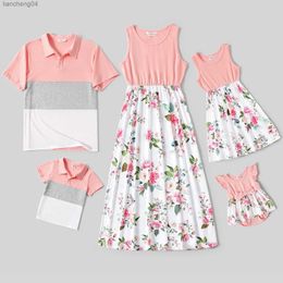 Family Matching Outfits Pa Family Matching Pink Sleeveless Splicing Floral Print Midi Dresses and Colorblock Short-sleeve Polo Shirts Sets