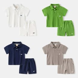 Baby clothing 2024 summer new childrens short sleeved set boy solid color polo shirt T-shirt two-piece casual sports shirt 240225