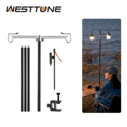 WESTTUNE Camping Lamp Stand with Double Hooks Aluminum Alloy Foldable Pole Telescopic Outdoor Light Holder Hanger 240220