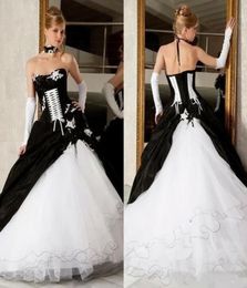Vintage vitoriano preto e branco vestido de baile plus size gótico vestido de noiva vestidos de noiva sem costas espartilho varredura trem cetim formal d2884810