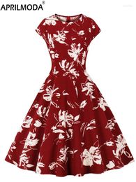 Party Dresses Floral Print Summer Vintage Swing Casual Dress For Women Retro Short Sleeve 1950s Style Birthday Red Black Runway