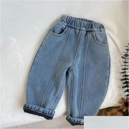 Trousers 2023 Winter Baby Fleece Denim Infant Girl Vintage Jeans Plus Veet Thick Toddler Boy Casual Pants Children Clothes Drop Deli Dhcis
