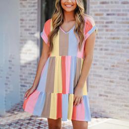 Casual Dresses 2024 Summer Bohemian Beach Dress Women Short Sleeve Colorblock Multicolor Stripe Print Mini Loose Sundress