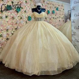 Yellow Illusion Glitter Crystal Beading Ball Gown Quinceanera Dress Off The Shoulder Pleat Corset Sweet 15 Vestidos De XV Anos