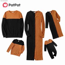 Family Matching Outfits Pa Family Matching Colorblock Rib Knit Long-sleeve Button Front Split Bodycon Dresses and Tops Sets