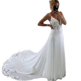 Sexy espaguete praia chiffon vestido de casamento uma linha longo boho vestidos de noiva renda applique sem mangas sem costas vestidos de noiva de verão