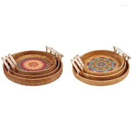 Plates Rattan Woven Bread Basket With Blue Painted Wooden Bottom Round Tray Handle Suitable For Fruit
