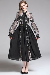 Women Runway Dress Feathers and embroidery Spring Party Holiday Midi Vestidos Scarf Collar Long Sleeve Sliming Lady