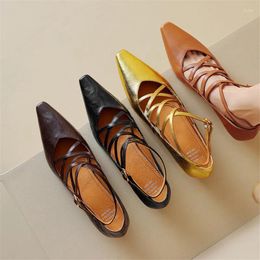 Dress Shoes Spring Summer Genuine Leather Women Square Toe Shallow Pumps Mary Jane For Straps Gladiator
