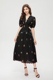 2024 Summer Embroidery Floral Print Women's Dress V-Neck Zipper Short-Sleeve Woman's Casual Long Dresses AS027