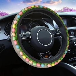 Steering Wheel Covers Happy Easter Auto Car Cover For Women Girls Colourful Eggs Ears Grass Wooden 15 Inch SUV Sedans