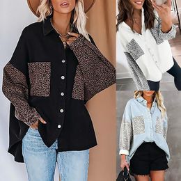 Women's Blouses Loose Leopard Contrast Shirt Jackets Long Sleeve Button Down Print Oversized Tops