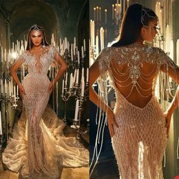 Stunningbride 2024 Luxury Wedding Dress Mermaid Sparkly Crystal Beaded Tassel Sheer Neck Diamonds Design Bride Gowns Illusion Backless Custom Made