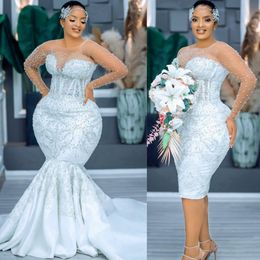 Plus Size Mermaid Aso Ebi Detachable Skirt Wedding Dresses Elegant Bridal Gowns for Bride Sheer Neck Long Sleeves Appliqued Lace Beaded Pearls for Nigeria Girl NW128