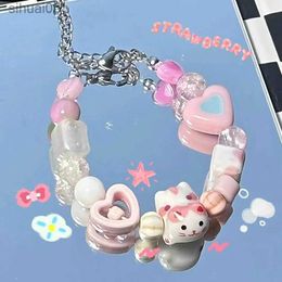 Beaded Cute Cartoon Pink Cat Heart Beads Bracelet Women Girls Sweet Rhinestone Star Bracelet Korean Trendy Jewellery Gifts YQ240226