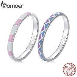 Rings BAMOER 925 Sterling Silver Simple Check Ring for Women Light Pink & White Color Ring Fine Jewelry Party Gift