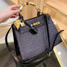 Women Handbag Genuine Leather Bags Shoulder Bag Fashion Plain Calf Leather Ostrich Skin Lock Key Hasp Artwork Hand B267w