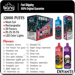 Bang 12000 Puffs Puff 12K Disposable Vape Pen Authentic Bangvapes Mesh Coil Electronic Cigarettes LED Lights 0% 2% 3% 5% 20 Flavours