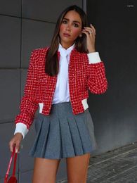 Women's Jackets Red Plaid Stand Collar Crop Top Coat Long Sleeve Single Breasted Elegant Lady Jacket Chic Casual Streetwear