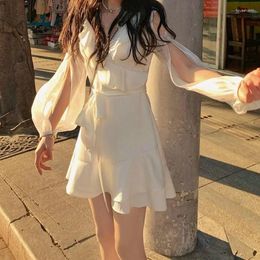 Casual Dresses Woman Summer Elegant White Fairy Mini Dress Korean Female Party Beach Lantern Sleeve V-Neck Office Lady