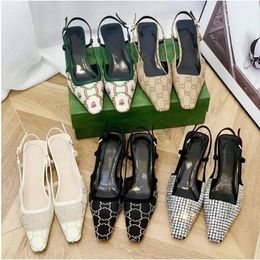 Designer Sandals Dress Shoes Slingback Luxury Mid Heel Slippers With Rhinestone Square Toe Crystal Sparkling Print Pumps Party Wedding Leather Heels Slide G0541