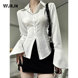 Women Sexy Solid Color Slim Chiffon Shirt Turn-down Collar Flare Sleeve Tunic Bandage Design Vintage Female Blouses Spring 2024240226